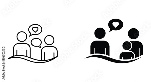 Simple Line Art Illustration of People Communicating with Speech Bubbles and Heart Symbols