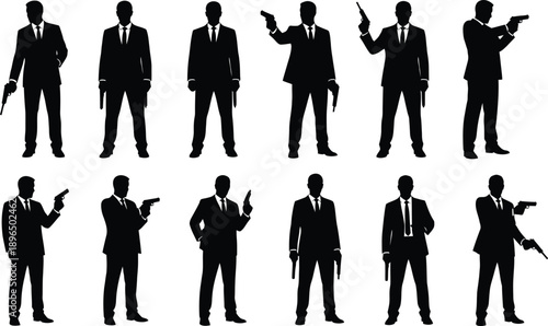A group of men in suits and ties are shown in silhouette mode holding guns