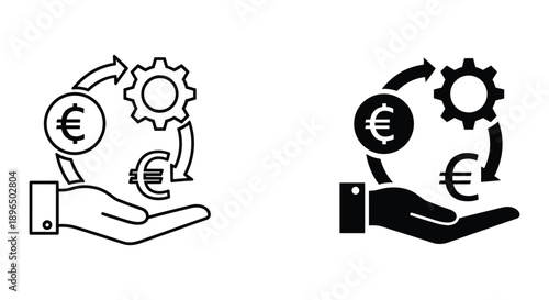 Business growth and investment concept with robot hand and gears holding euro coins and money bag on digital tablet