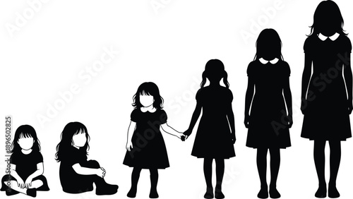 A group of young girls in different poses and sizes in silhouette