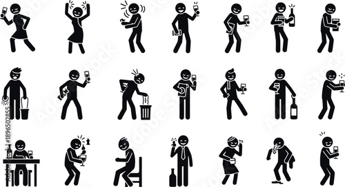 A collection of stick figures in various poses and actions with silhouette