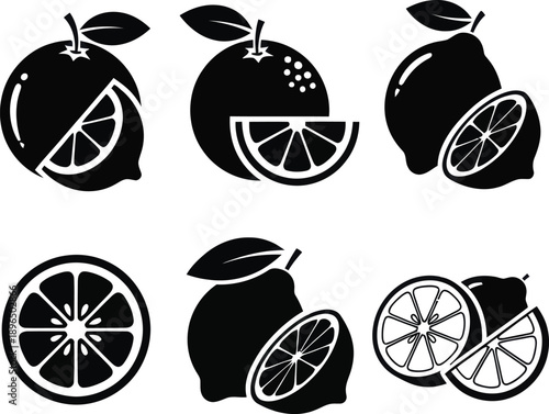 A set of black and white silhouette icons featuring various citrus fruits in different styles and arrangements silhouette