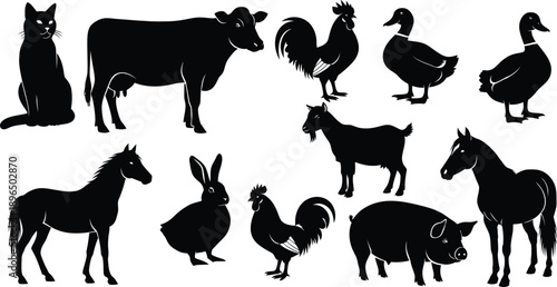 A collection of farm animal silhouettes against a white background