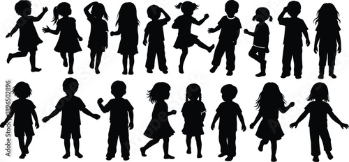 A group of happy children in various playful poses shown in silhouette against a white background