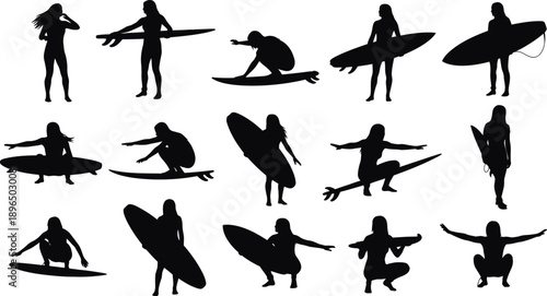 A collection of black silhouettes of women surfing on white background silhouette