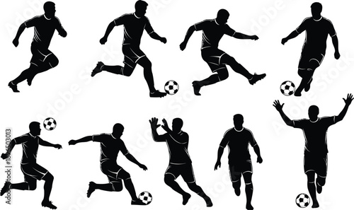 A soccer player in various dynamic poses, kicking and running with the ball in silhouette mode