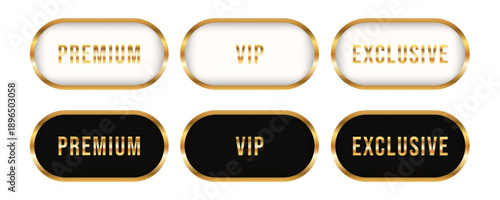 VIP, premium, and exclusive metal frame sign. Luxurious gold metal sign on a white and black background. Vector set of signs.