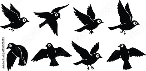 A group of birds in silhouette are flying against a white background