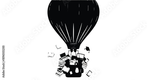 Black hot air balloon releasing music notes and documents