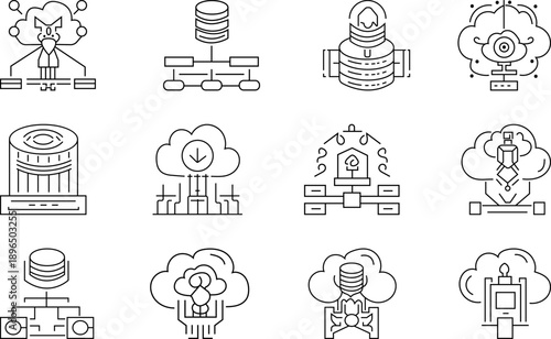 Unique line art vector icon illustration of Data Infrastructure collection, data processing, network security, network architecture, automated backup and more high quality vector