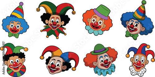 Cartoon Clown Characters Vector Illustration Set - Funny Circus Clown Faces for Kids Design - clown cartoon, clown characters, clown vector, circus clown, funny clown, cute clown, clown face, clown il