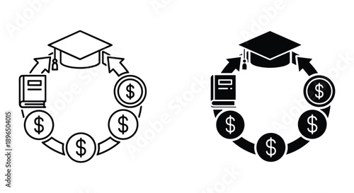 Education and finance concept icons with graduation cap house money and laptop in circular flow minimalist black and white illustration
