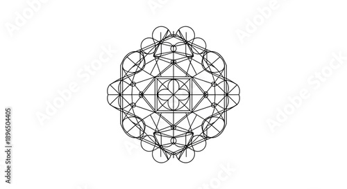 Intricate geometric sphere or polyhedron design composed of interconnected circles and lines, representing complexity and abstract mathematics, isolated white background.