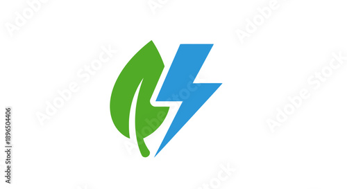 Green leaf and blue lightning bolt logo symbolizing eco-friendly energy, renewable power, and sustainable technology, isolated white background.