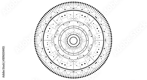 Abstract intricate circular pattern design with geometric elements and dots, resembling a complex mandala or target, isolated white background.
