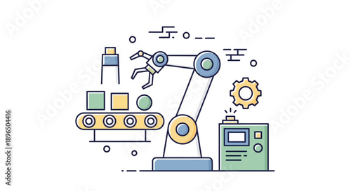 Industrial robotic arm on an assembly line with conveyor belt and boxes, illustrating automation and modern manufacturing processes, isolated white background.