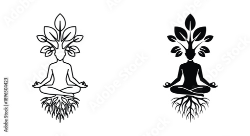 Meditating Person with Floral Head and Roots Illustration, Black and White Style