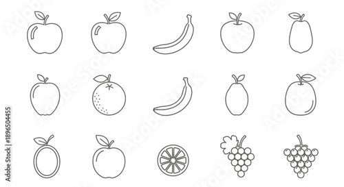 Collection of Various Fruit Outline Icons Including Apple, Banana, Orange, Grapes, Pear, and Plum on an Isolated White Background
