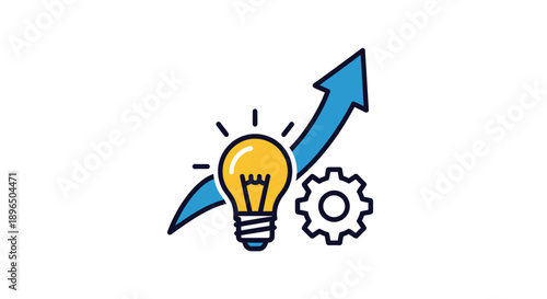 Innovative Idea Generation with Light Bulb, Upward Arrow, and Gear Symbolizing Growth and Development on an Isolated White Background