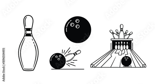 Bowling pin ball and action depicted in a stark silhouette