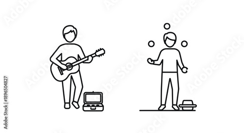 Street performers with a musician and juggler simple line silhouette