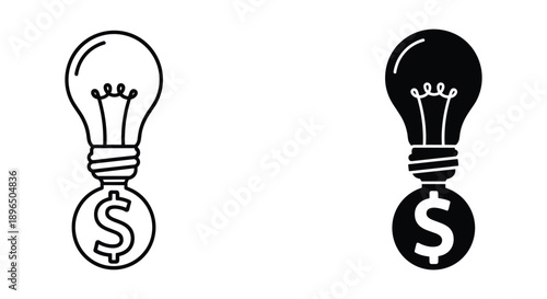 Lightbulb with dollar sign glowing idea and profit concept minimalist black and white illustration