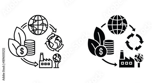 Global business growth and investment concept with money flow and eco-friendly energy icons in circular economy vector illustration
