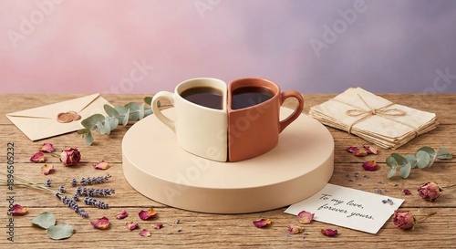 Two heart shaped coffee cups with love letter