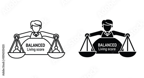 Balanced living score concept with businessman on scales achieving work life harmony and financial stability
