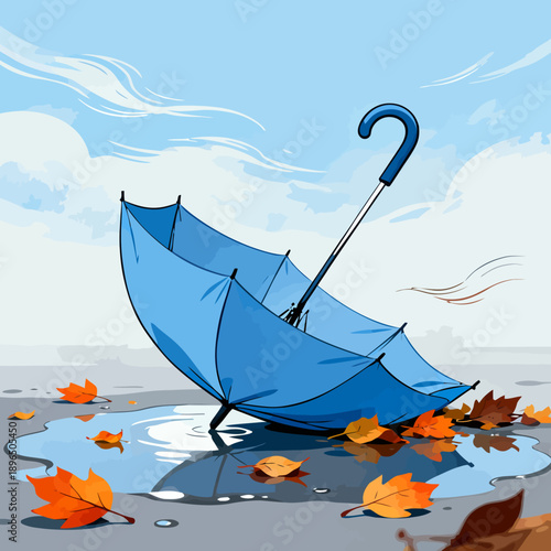 An inverted blue umbrella lies on the wet ground amidst vibrant autumn leaves after a windy rain isolated on transparent background, isolated on white background, Vector