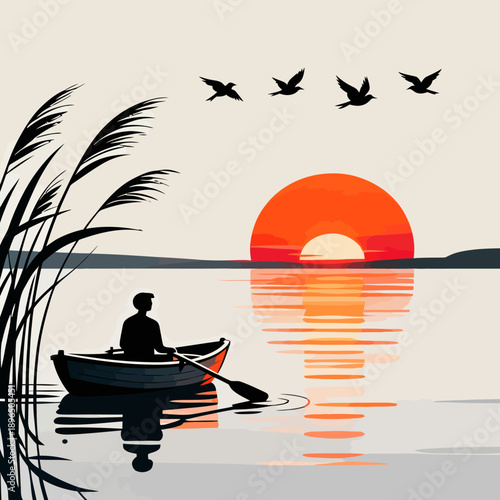 A solitary figure in a boat enjoying a tranquil sunset on the water isolated on transparent background, isolated on white background, Vector