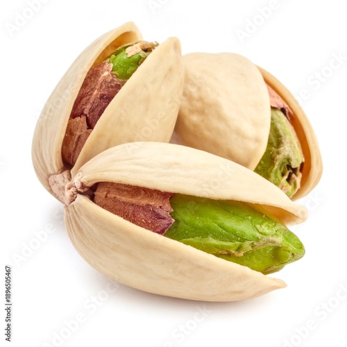 Fresh pistachio nuts in beige shells partially open, isolated on pristine white background.