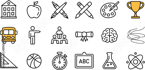 Education, school, learning, teacher, student, classroom, bus, diploma, brain, creativity, science, atom, ruler, sports, trophy, chalkboard, apple, icon, vector, silhouette, set