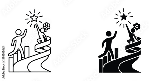 Business success and growth concept with two men climbing stairs to reach goals and achievements under bright stars