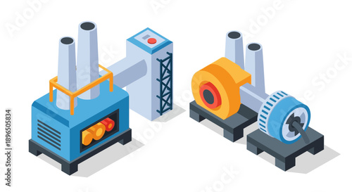 Isometric illustration of industrial factory machinery, depicting manufacturing and energy production on an isolated white background.