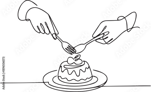 Two hands holding forks to share a cake on a plate, a celebratory gesture, vector illustration