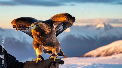 Man holding a golden eagle with outstretched wings in a snowy mountain landscape, showcasing falconry and majestic predator