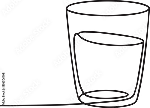 Minimalist continuous line art drawing depicting a transparent drinking glass partially filled with refreshing clear water, a symbol of hydration, wellness, and understated design simplicity