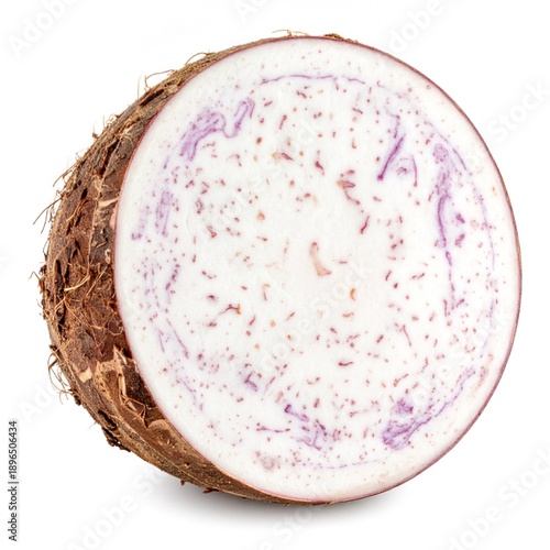 Slika na platnu Fresh taro root, brown fuzzy skin and white-purple flesh with starchy texture, isolated on white background