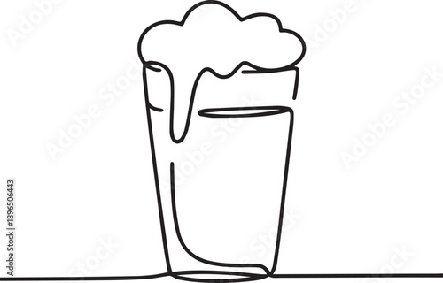 Minimalist continuous line drawing of a frothy beer glass, simple vector outline for beverage concepts and drink menus