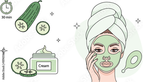 Step-by-step instructional graphic showing cucumber facial mask skincare routine with cream, timing, and glowing skin visuals