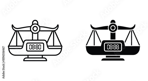 Justice scales with digital clock showing 08:00 time concept for law fairness balance and punctuality vector illustration