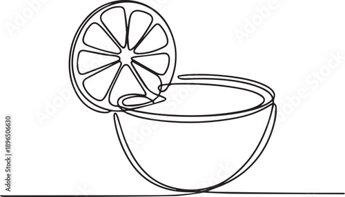 Continuous one line drawing of a fresh citrus lemon fruit sliced in half next to a simple bowl. Minimalist vector art