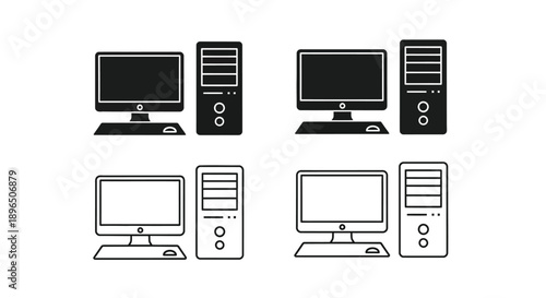 Four computer setups in a simple black silhouette