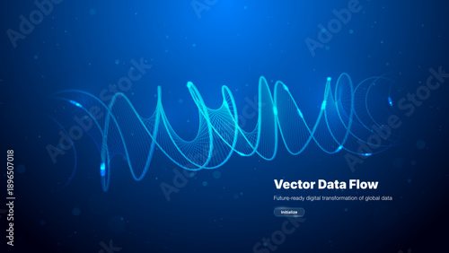 Abstract vector data flow background with glowing blue spiral lines. Futuristic digital transformation concept illustrating high speed internet connection. Tech network wave banner design.