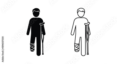 Injured man with crutches and cast black and white silhouette