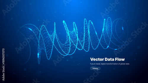 Abstract blue vector background with glowing data flow spiral. Futuristic digital technology concept showing internet stream, cyber signal and science dna structure. Tech web banner design.
