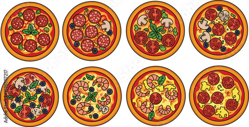 Assorted Pizza Illustration Set with Pepperoni Mushroom Olive and Vegetable Toppings Isolated on White Background