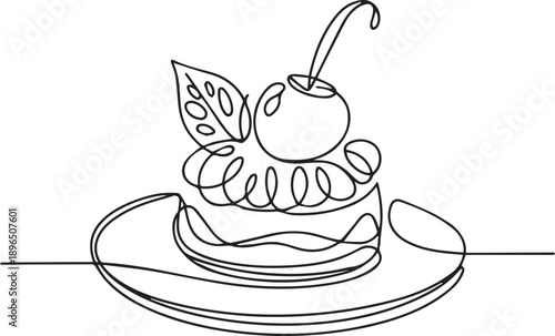 Minimalist Line Art Drawing of a Delicious Cherry Topped Pastry on a Plate