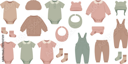 Baby Clothing Illustration Set with Bodysuit Sweater Hat Bib Overalls and Socks Isolated on White Background